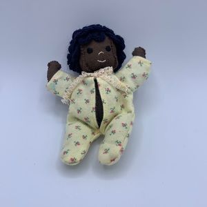 Vintage 6” Black Yarn Hair Miniature Hand Sewn Felt Baby Doll Flannel Pajamas